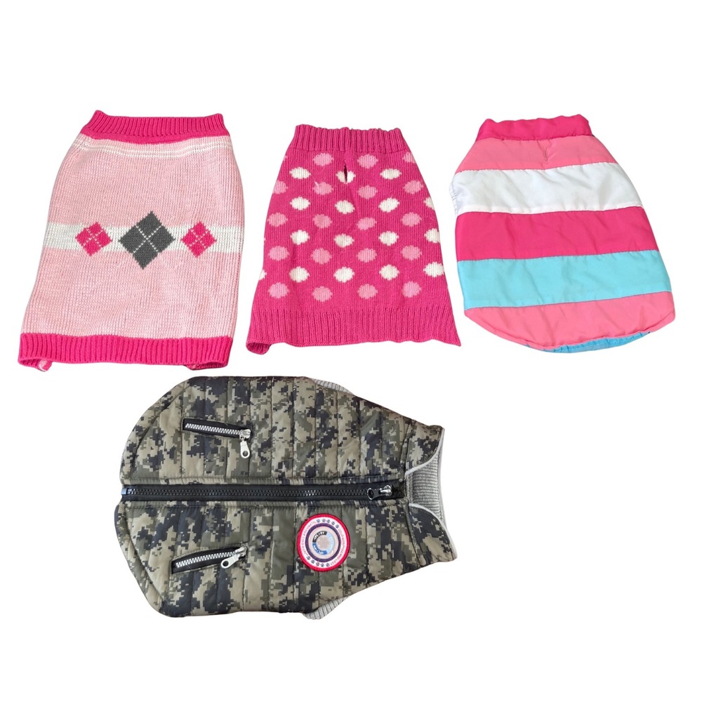 Lot of 4 SM-MED 14-17 lb. Dog Sweaters Coats‎ Apparel Pink Camo Polka Dot Argyle